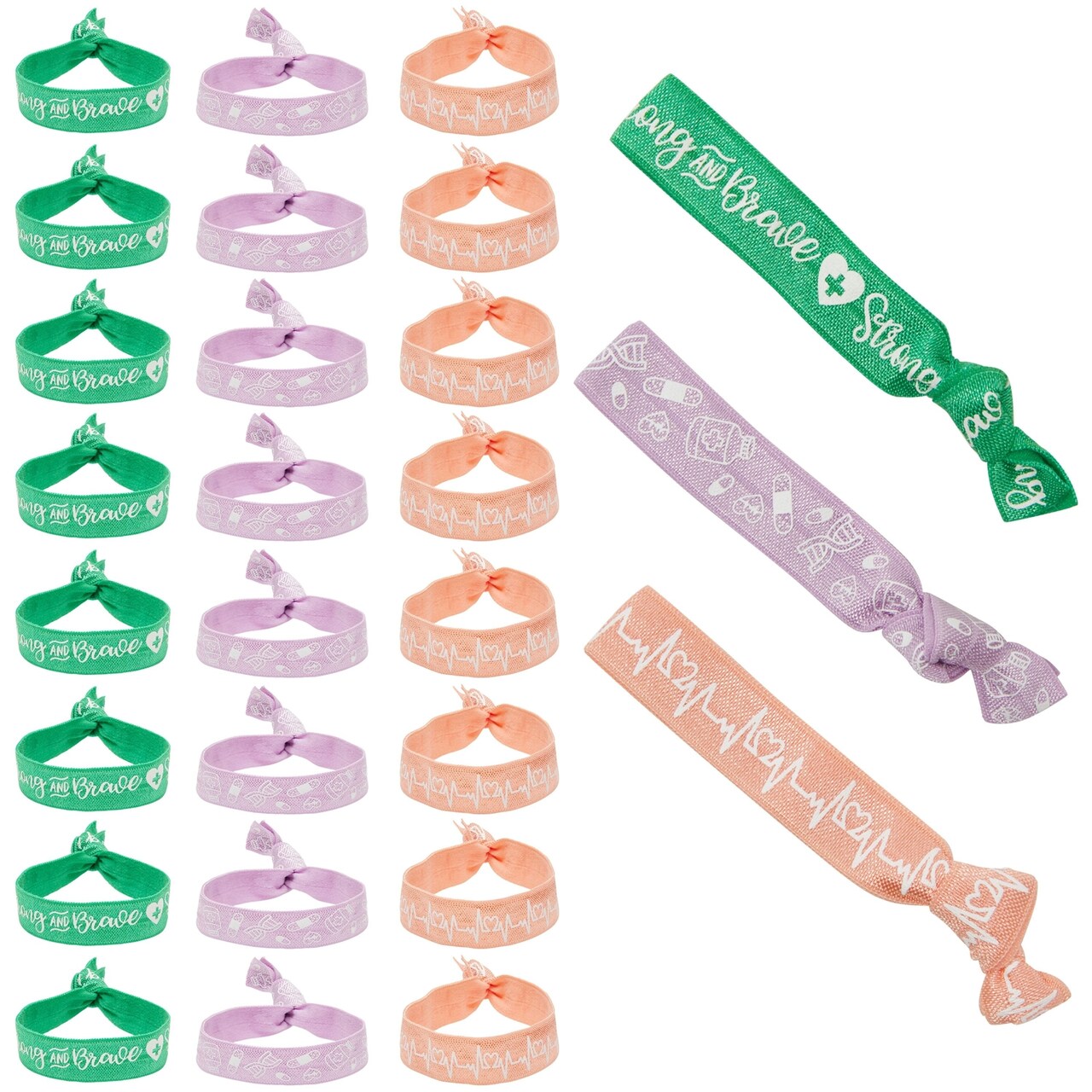 30-Pack Elastic Hair Tie Ribbons in 3 Colors, No Crease Knotted Elastics for Women, Nurse Appreciation Gift (Green, Purple, and Orange)